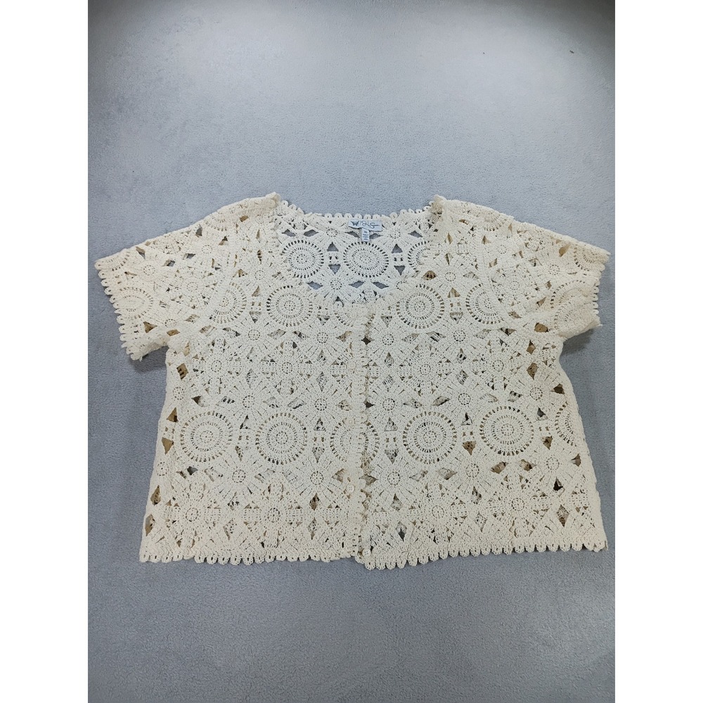 Jessica Simpson Womens Crochet Cardigan Cream XL Short Sleeve Button Front